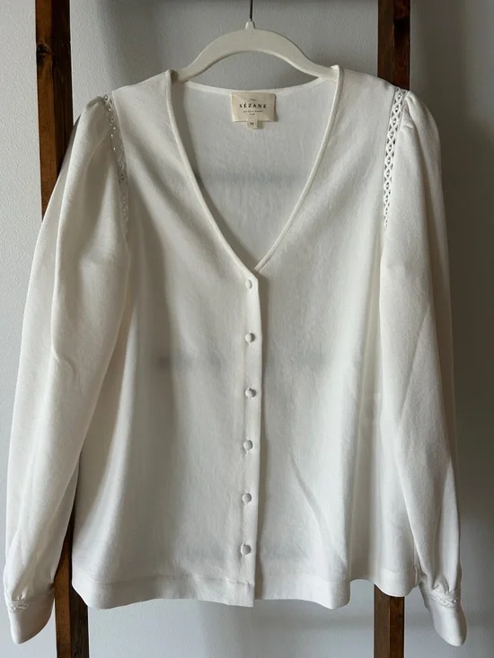 Sezane “Ella” Ecru V-Neck Button-Front Blouse - Picture 2 of 7